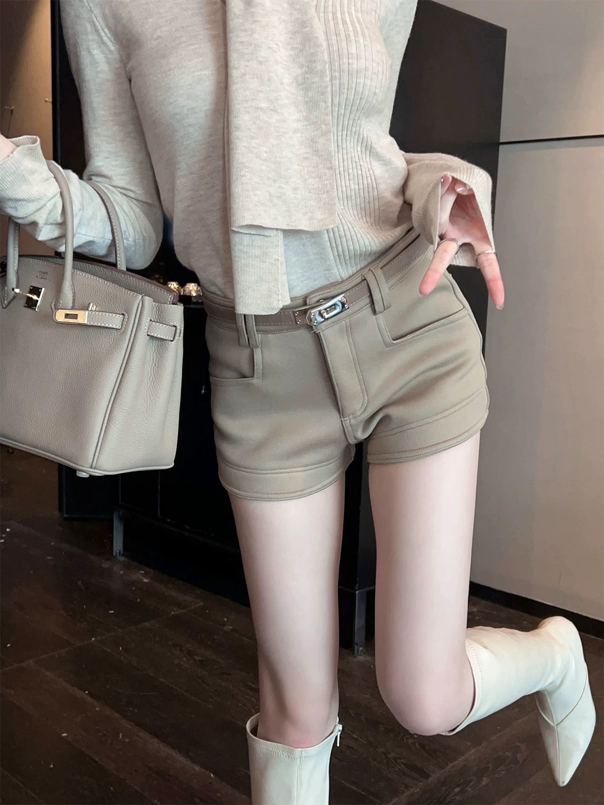 FairyJiang Spring New Casual High Waist Shorts Women's Hip-covering Hot Pants Wear Slim Boot Pants With Belt