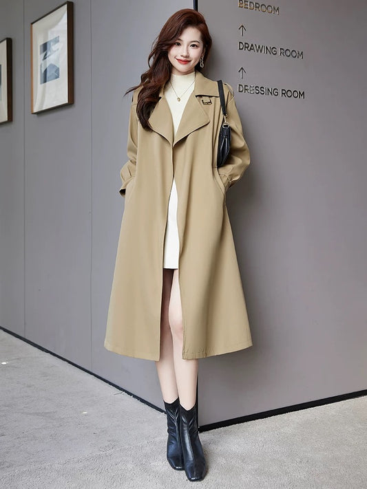 Japanese and Korean fashion style mid-length loose windbreaker for women 2025 autumn new style age-reducing high-end hot-selling single coat