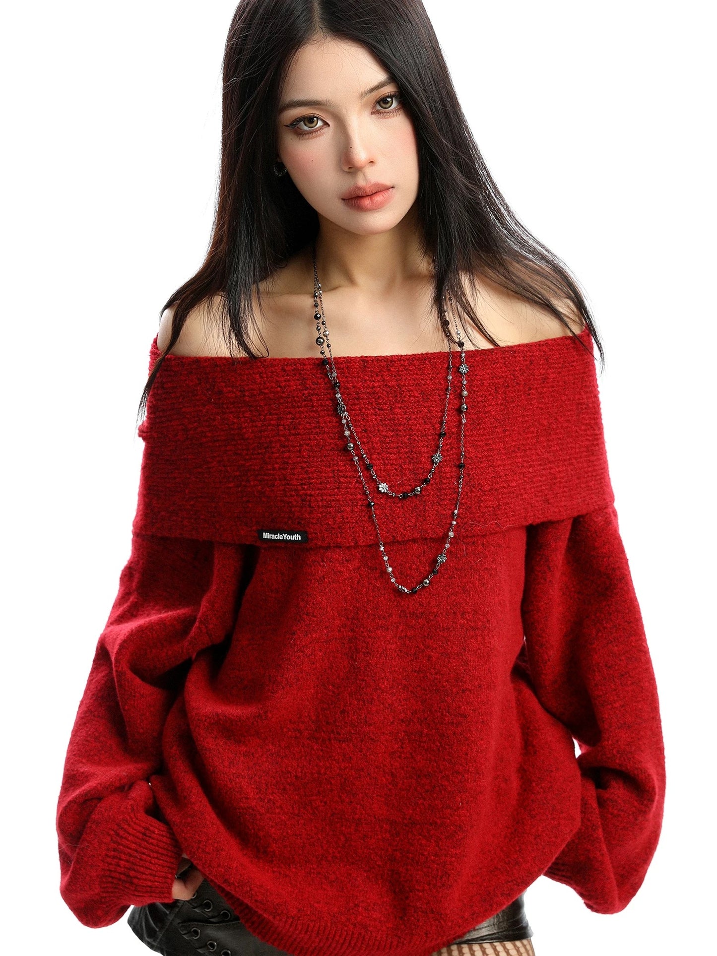 BIGGOLD Korean Style Off-Shoulder Sweater for Women, Autumn/Winter Elegant Thick Warm Loose Knit Top