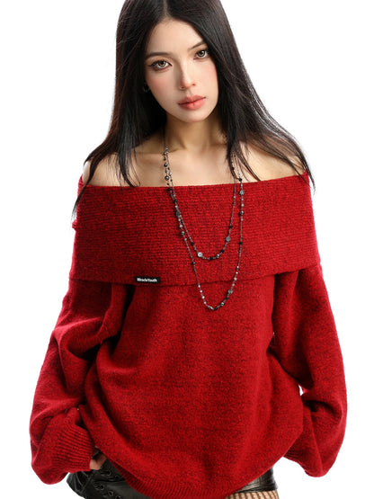 BIGGOLD Korean Style Off-Shoulder Sweater for Women, Autumn/Winter Elegant Thick Warm Loose Knit Top
