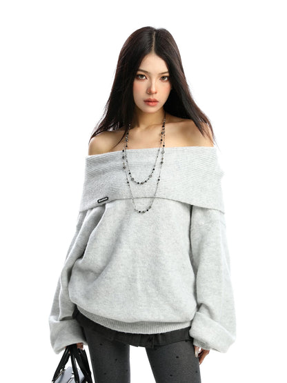 BIGGOLD Korean Style Off-Shoulder Sweater for Women, Autumn/Winter Elegant Thick Warm Loose Knit Top