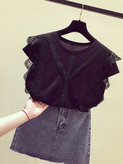 Brand discount store genuine women's clothing cut label clearance summer style white lace short-sleeved chiffon shirt tops for women trendy