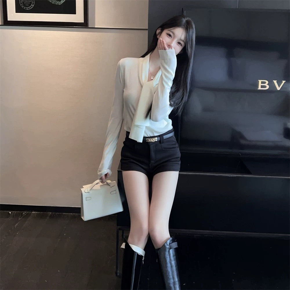 FairyJiang Spring New Casual High Waist Shorts Women's Hip-covering Hot Pants Wear Slim Boot Pants With Belt