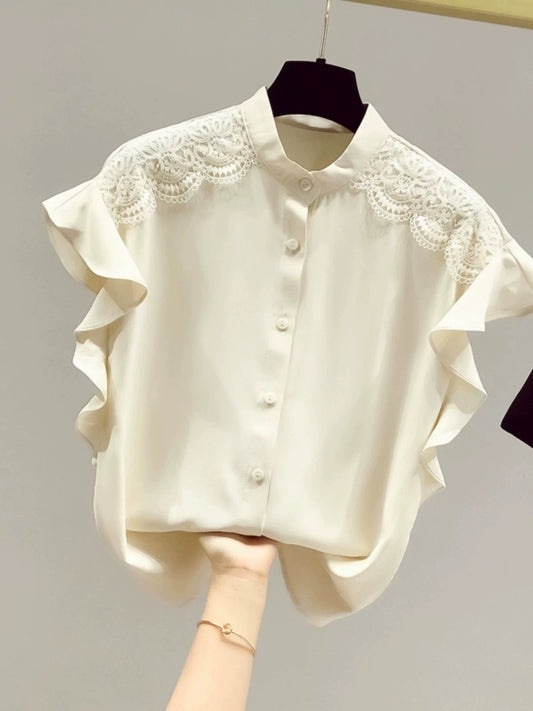 Brand discount women's clothing cutting label counter removal foreign trade summer lace splicing chiffon shirt women's style small shirt top