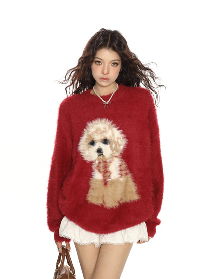BIGGOLD Red Christmas Puppy Soft Mohair Sweater for Women, Autumn/Winter Lazy Style New Year Knitwear Top