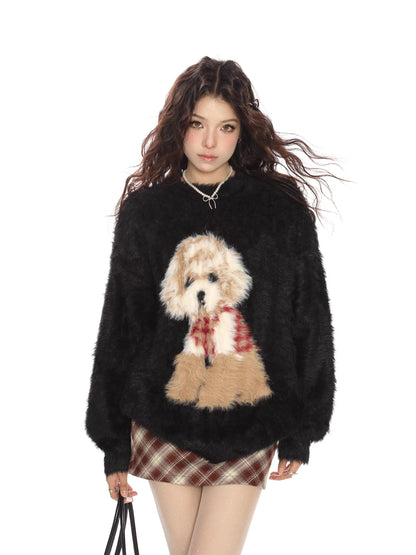 BIGGOLD Red Christmas Puppy Soft Mohair Sweater for Women, Autumn/Winter Lazy Style New Year Knitwear Top