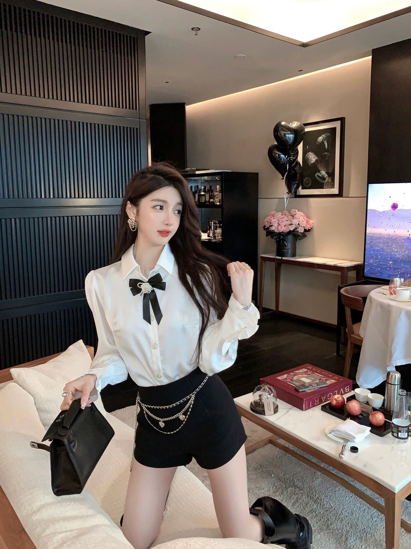 FairyJiang summer white flower bow tie satin shirt for women, high-end design, elegant and fashionable shirt