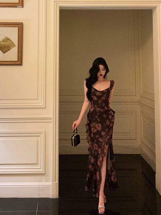 Godfrey ruffled floral suspender dress women's 2024 new niche temperament V-neck waist slit long skirt