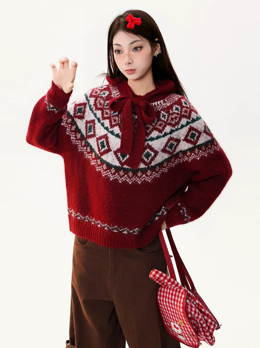 PBB Fair Isle Check Tie-Waist Knit Sweater for Women, Ethnic Style, Warm, American Style, Hooded, Burgundy Sweater