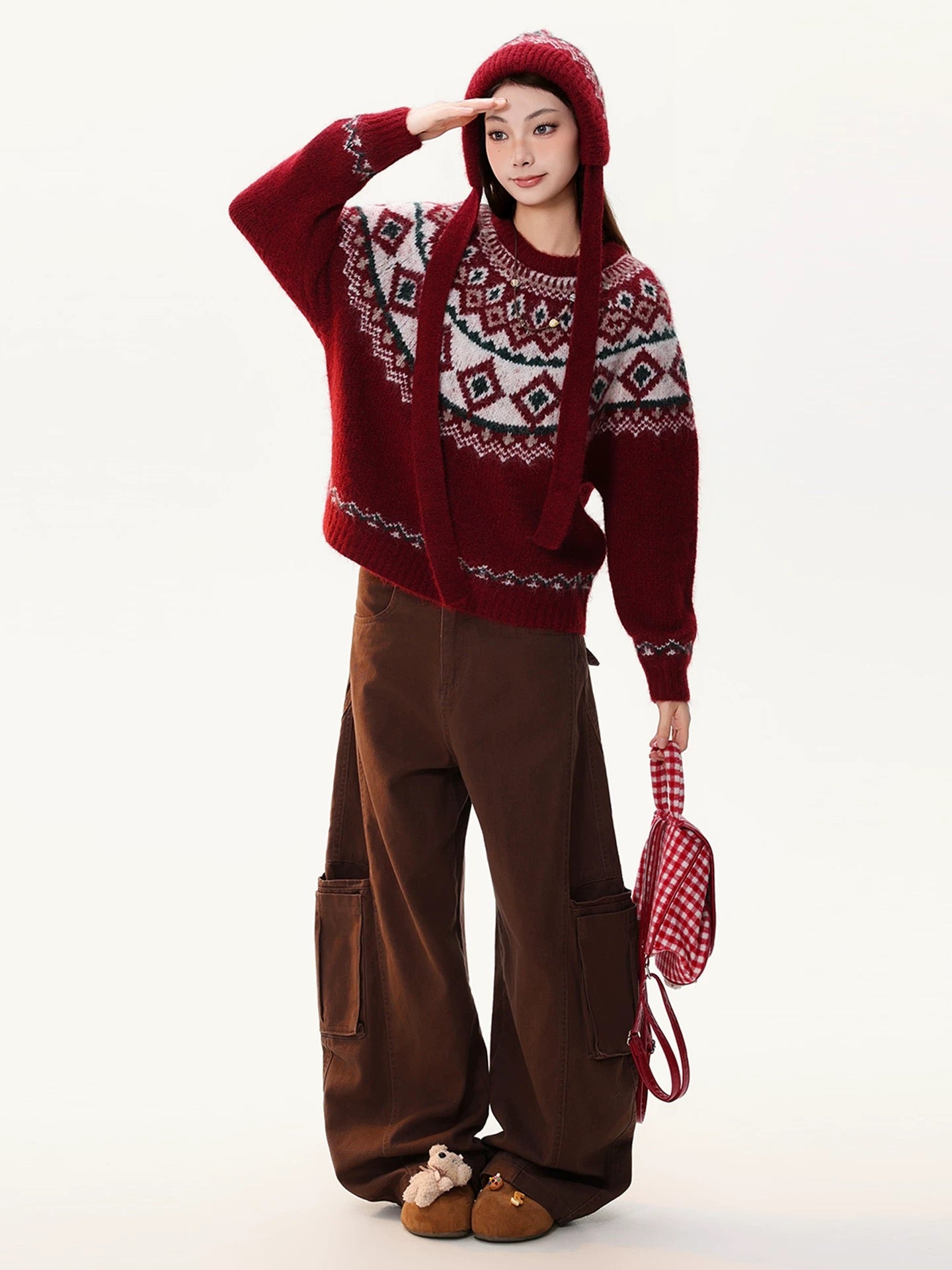 PBB Fair Isle Check Tie-Waist Knit Sweater for Women, Ethnic Style, Warm, American Style, Hooded, Burgundy Sweater