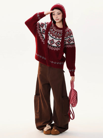 PBB Fair Isle Check Tie-Waist Knit Sweater for Women, Ethnic Style, Warm, American Style, Hooded, Burgundy Sweater