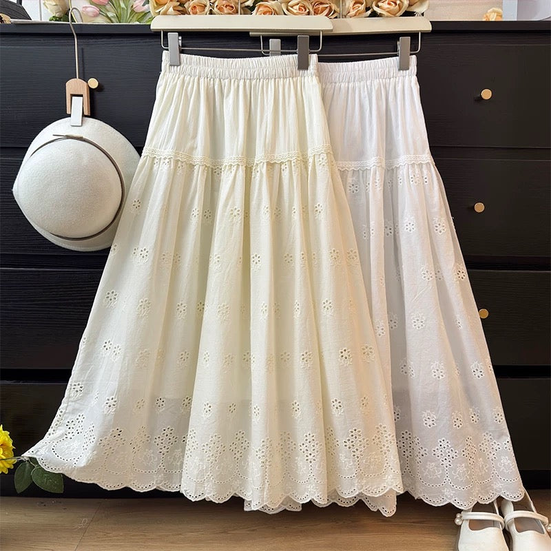 French-style ruffled openwork crochet skirt for women, slimming and sweet, youthful and pleated, loose-fitting A-line skirt, perfect for spring 2025.