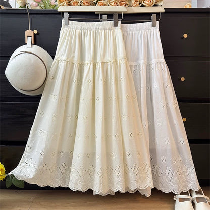 French-style ruffled openwork crochet skirt for women, slimming and sweet, youthful and pleated, loose-fitting A-line skirt, perfect for spring 2025.
