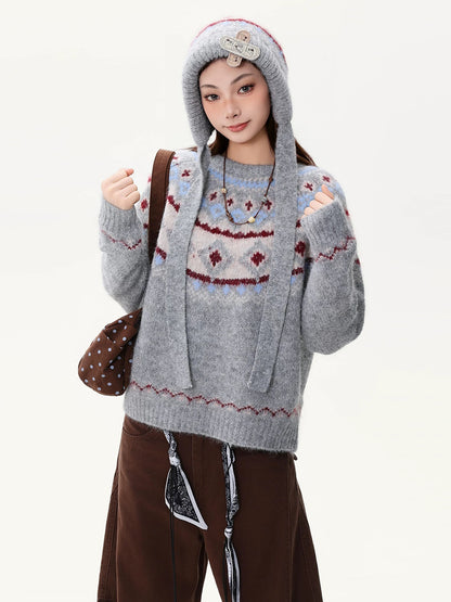 PBB Fair Isle Check Tie-Waist Knit Sweater for Women, Ethnic Style, Warm, American Style, Hooded, Burgundy Sweater