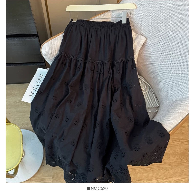 French-style ruffled openwork crochet skirt for women, slimming and sweet, youthful and pleated, loose-fitting A-line skirt, perfect for spring 2025.