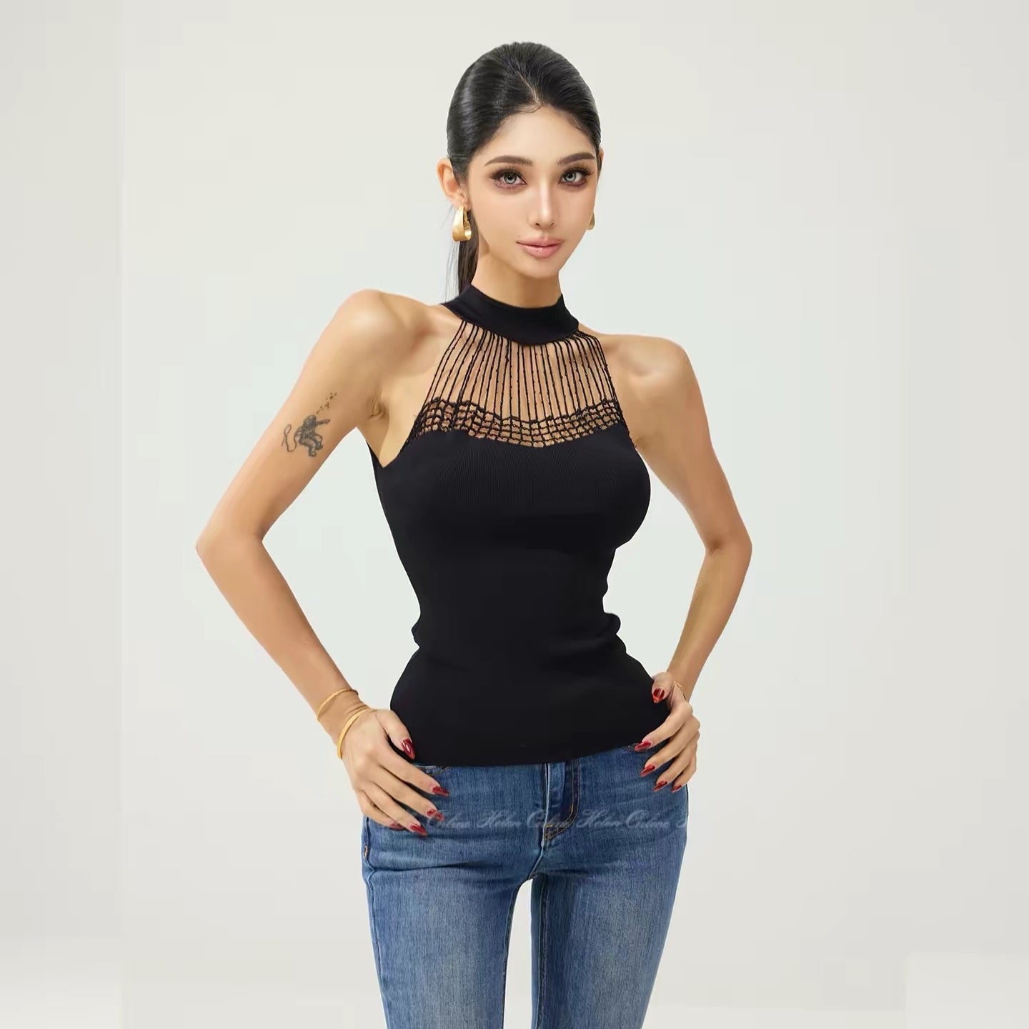 HELEN/Sexy Hot Girl [Heavy Ink Handmade Crochet Beaded] Elegant Slim Fit Hollow Out Sleeveless Knitted Vest for Women