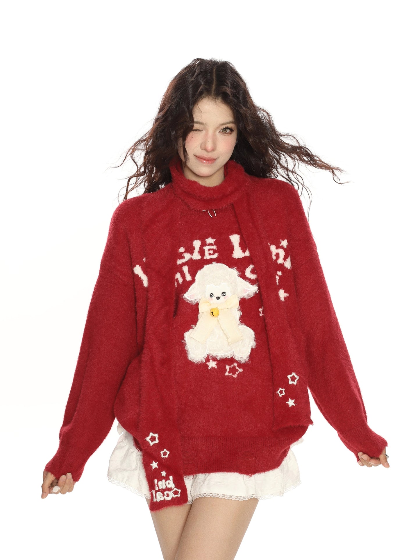 BIGGOLD Red Christmas and New Year Bell Lamb Sweater with Scarf for Women, Autumn and Winter Soft Mohair Knit Sweater