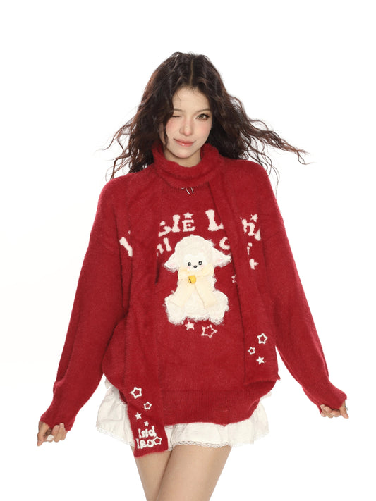 BIGGOLD Red Christmas and New Year Bell Lamb Sweater with Scarf for Women, Autumn and Winter Soft Mohair Knit Sweater