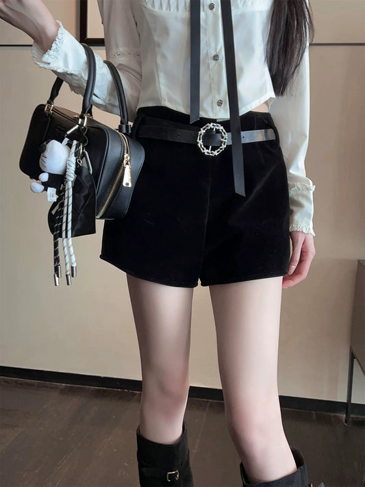 FairyJiang new winter velvet black shorts for women, all-match slimming boot pants, high-waisted hot pants with belt
