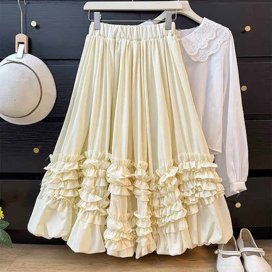 French-style ruffled trim puffy tulip skirt for women, autumn 2025, high-waisted A-line pleated loose-fitting flared skirt.