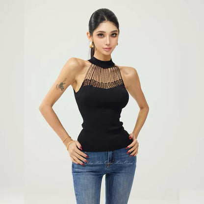 HELEN/Sexy Hot Girl [Heavy Ink Handmade Crochet Beaded] Elegant Slim Fit Hollow Out Sleeveless Knitted Vest for Women