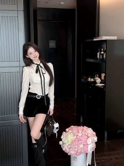 FairyJiang new winter velvet black shorts for women, all-match slimming boot pants, high-waisted hot pants with belt