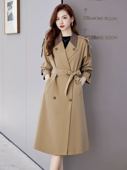 Contrast color lapel trench coat for women mid-length 2023 autumn new style high-end British style drape temperament coat