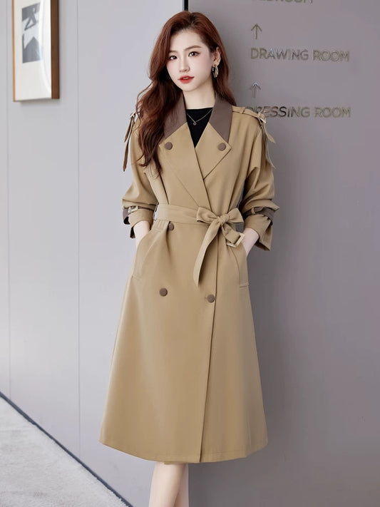 Contrast color lapel trench coat for women mid-length 2023 autumn new style high-end British style drape temperament coat