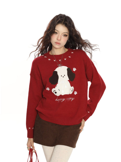 BIGGOLD Fun Cartoon Puppy Embroidered Red Round Neck Sweater for Women, Autumn and Winter Lazy Style Soft and Cozy Knitwear Trendy