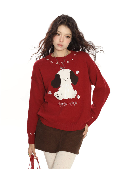 BIGGOLD Fun Cartoon Puppy Embroidered Red Round Neck Sweater for Women, Autumn and Winter Lazy Style Soft and Cozy Knitwear Trendy