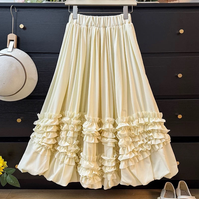 French-style ruffled trim puffy tulip skirt for women, autumn 2025, high-waisted A-line pleated loose-fitting flared skirt.