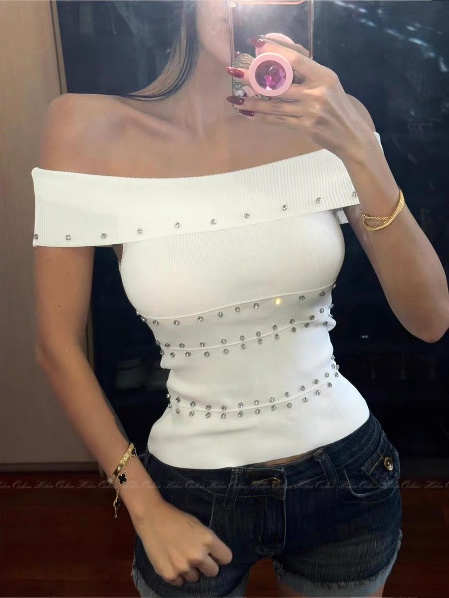 HELEN [Heavy Rhinestone Studs] Elegant Off-Shoulder Top for Women, Stylish Design, Alluring and Sexy, Turn-Up Shoulder Vest