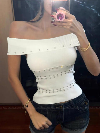 HELEN [Heavy Rhinestone Studs] Elegant Off-Shoulder Top for Women, Stylish Design, Alluring and Sexy, Turn-Up Shoulder Vest