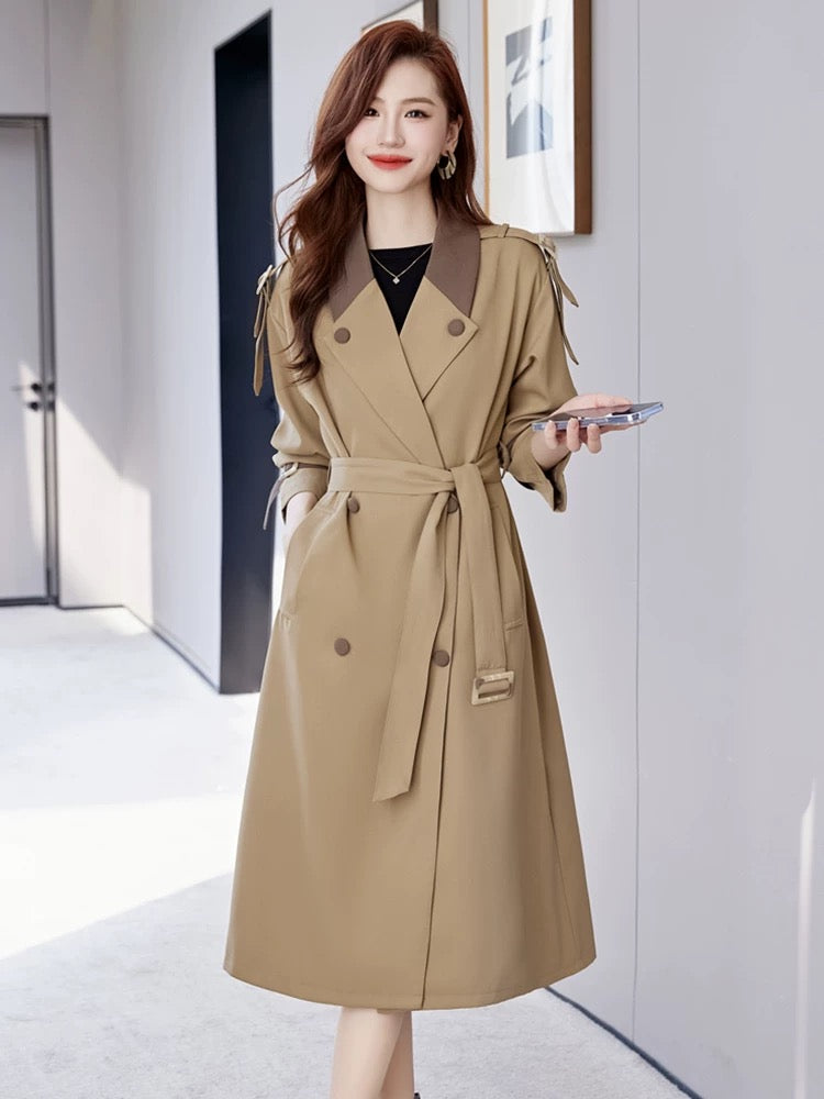 Contrast color lapel trench coat for women mid-length 2023 autumn new style high-end British style drape temperament coat