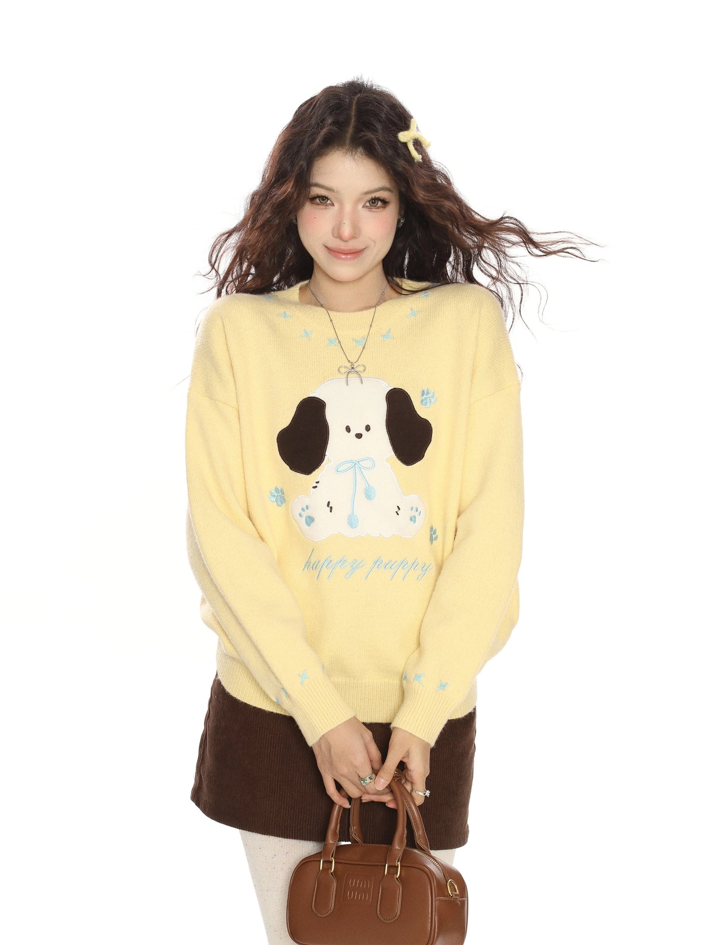 BIGGOLD Fun Cartoon Puppy Embroidered Red Round Neck Sweater for Women, Autumn and Winter Lazy Style Soft and Cozy Knitwear Trendy