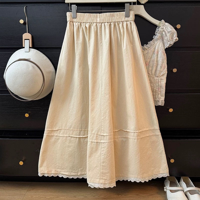 Forest-style retro lace embroidered midi skirt for women, new spring 2025 style, high-waisted, slimming A-line skirt with a large flared skirt.