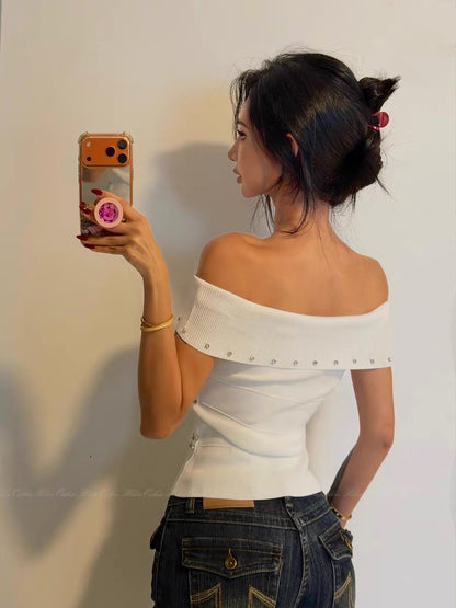 HELEN [Heavy Rhinestone Studs] Elegant Off-Shoulder Top for Women, Stylish Design, Alluring and Sexy, Turn-Up Shoulder Vest
