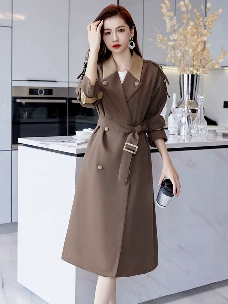Contrast color lapel trench coat for women mid-length 2023 autumn new style high-end British style drape temperament coat
