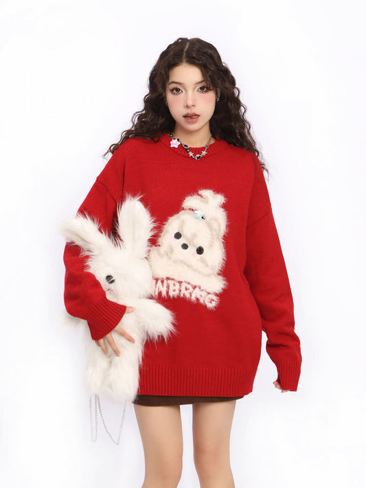 BIGGOLD American New Year Flocked Cute Dog Red Sweater for Women, Autumn/Winter Couple Round Neck Knit Top