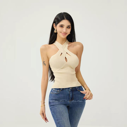 HELEN/Sexy Cross-Neck Glitter Vest for Women, Elegant Slim Fit, Hollow Out Sleeveless Knit Top