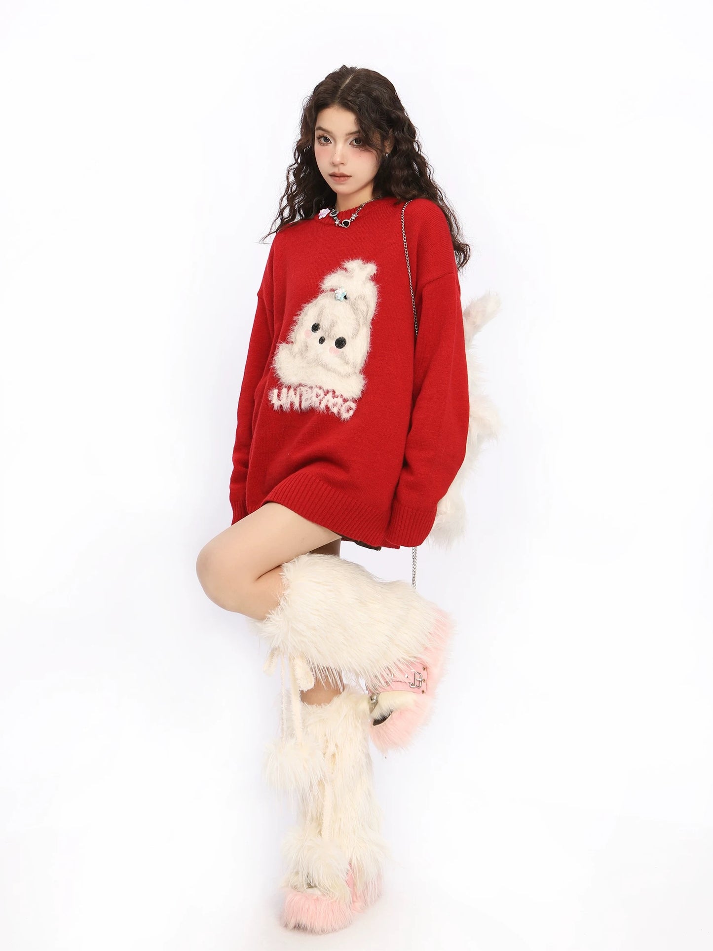 BIGGOLD American New Year Flocked Cute Dog Red Sweater for Women, Autumn/Winter Couple Round Neck Knit Top