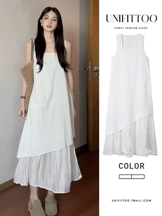White suspender dress for women 2025 new spring and summer beach vacation wear sleeveless suspender dress