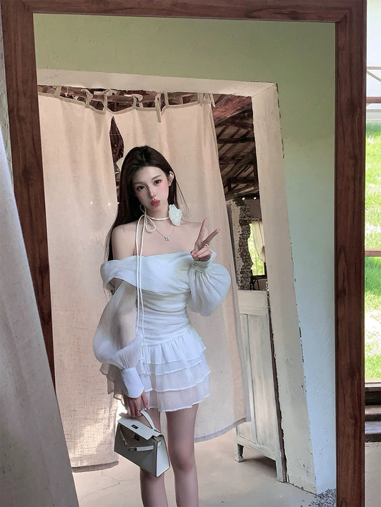 FairyJiang summer new one-shoulder cake white dress leggings shorts two-piece set with flowers