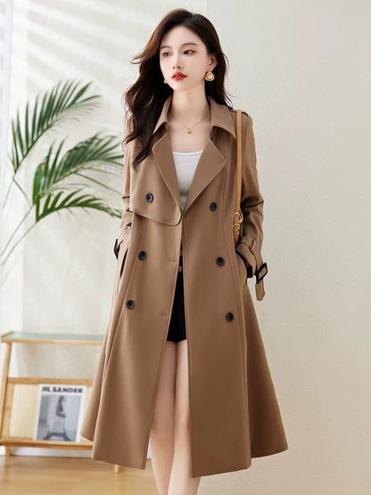 High-end trench coat for women, mid-length, 2023 spring and autumn new British style, popular brand double-breasted coat