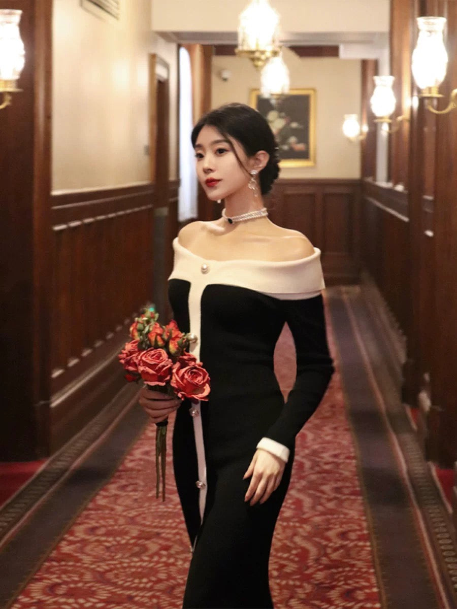 Thirteen and Little Slim Knitted Dress Women's Autumn and Winter Color Block Slit Style French One Shoulder Skirt