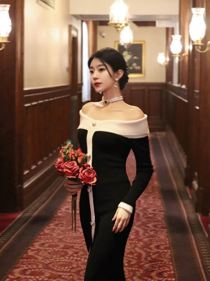 Thirteen and Little Slim Knitted Dress Women's Autumn and Winter Color Block Slit Style French One Shoulder Skirt
