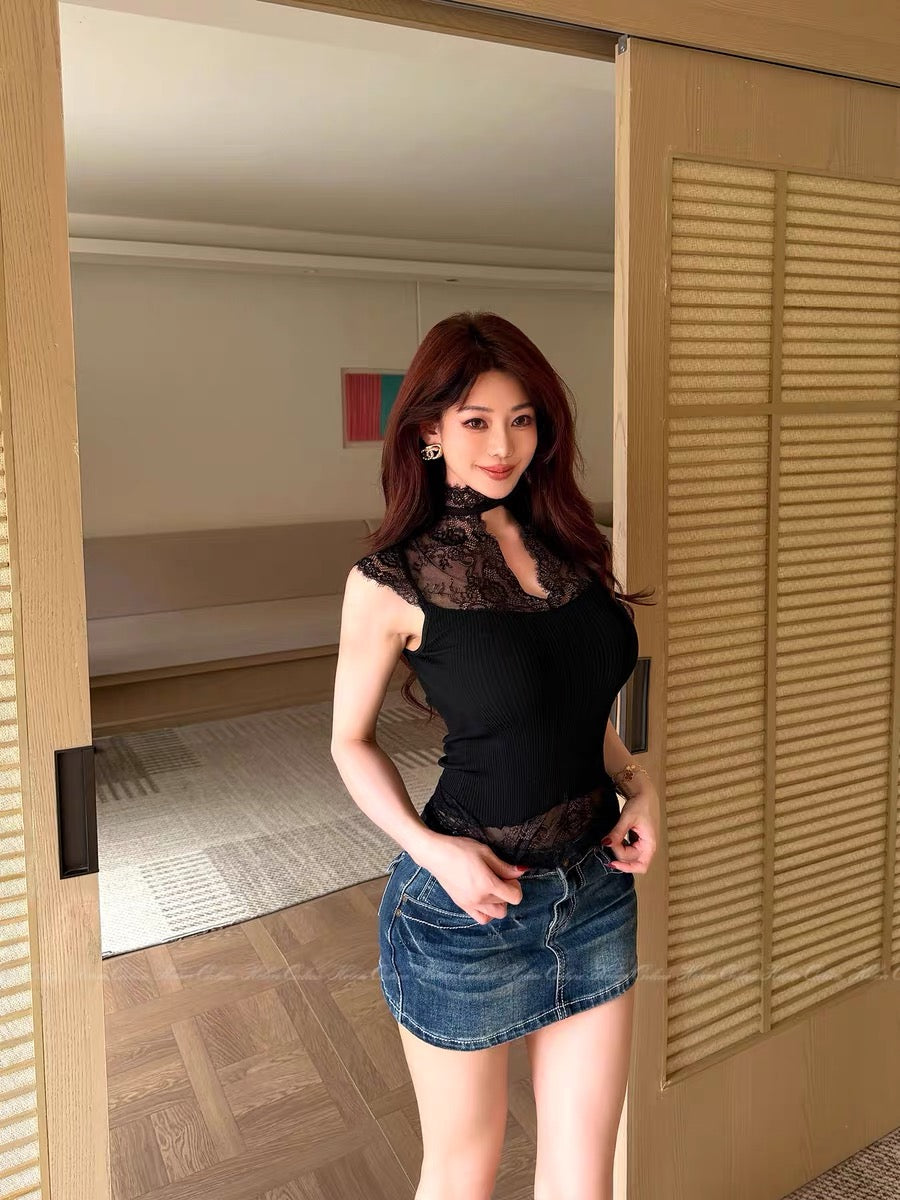 HELEN/Sexy Hollow-Out Short Flutter Sleeve Hot Girl Sheer Lace Top Women's Slim Fit Elegant Knitted Patchwork Top