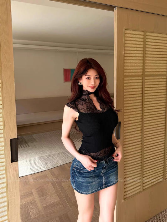 HELEN/Sexy Hollow-Out Short Flutter Sleeve Hot Girl Sheer Lace Top Women's Slim Fit Elegant Knitted Patchwork Top