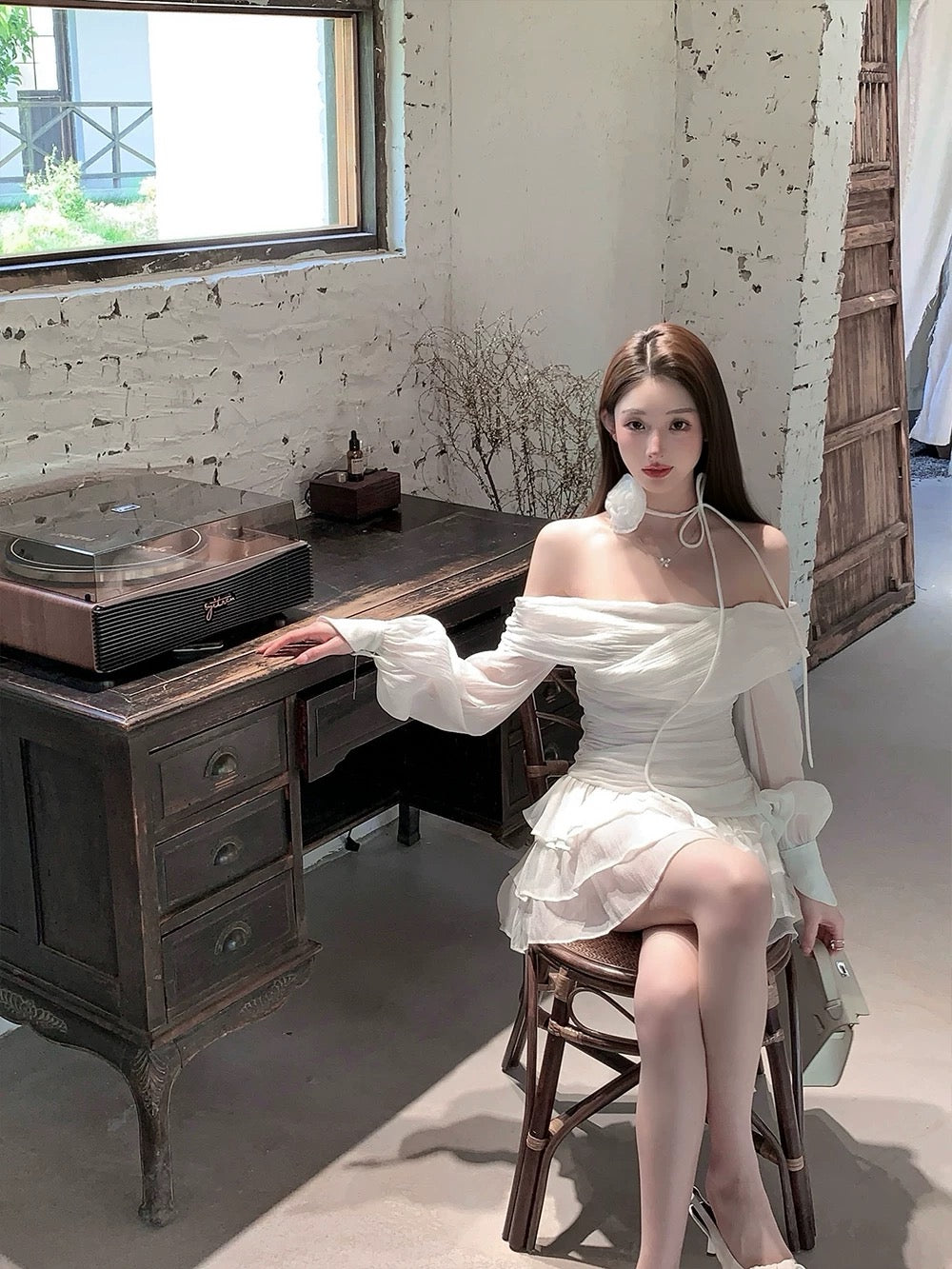 FairyJiang summer new one-shoulder cake white dress leggings shorts two-piece set with flowers