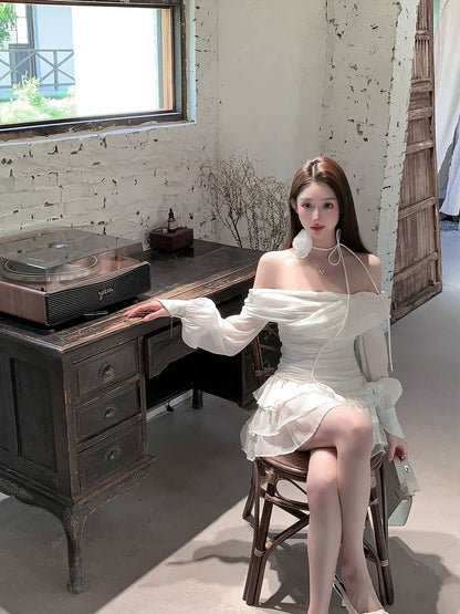 FairyJiang summer new one-shoulder cake white dress leggings shorts two-piece set with flowers